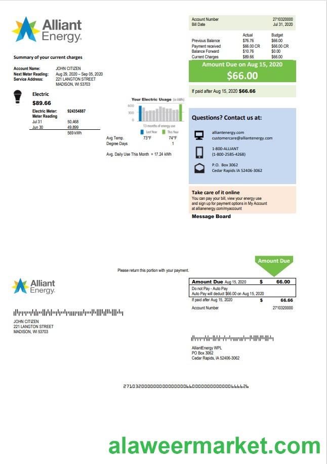 USA Wisconsin Alliant Energy electricity utility bill template in Word and PDF format